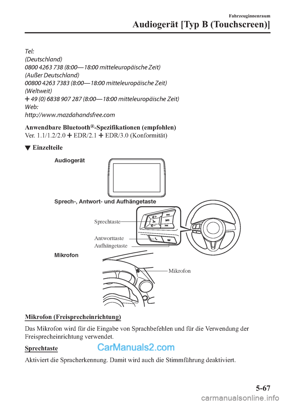 MAZDA MODEL MX-5 2017  Betriebsanleitung (in German) Tel:
(Deutschland)
0800 4263 738 (8:00Š18:00 mitteleuropäische Zeit)
(Außer Deutschland)
00800 4263 7383 (8:00Š18:00 mitteleuropäische Zeit)
(Weltweit)
 49 (0) 6838 907 287 (8:00Š18:00 mittel