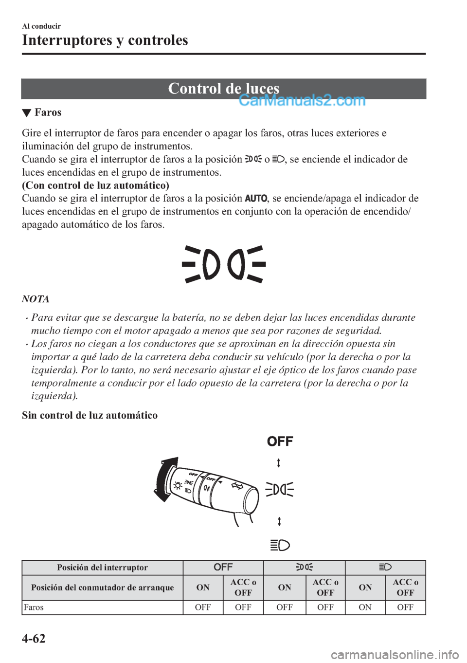 MAZDA MODEL MX-5 2017  Manual del propietario (in Spanish)  �&�R�Q�W�U�R�O��G�H��O�X�F�H�V
▼�)�D�U�R�V
�*�L�U�H��H�O��L�Q�W�H�U�U�X�S�W�R�U��G�H��I�D�U�R�V��S�D�U�D��H�Q�F�H�Q�G�H�U��R��D�S�D�J�D�U��O�R�V��I�D�U�R�V���R�W�U�D�V��O�X�F�H�V��H�