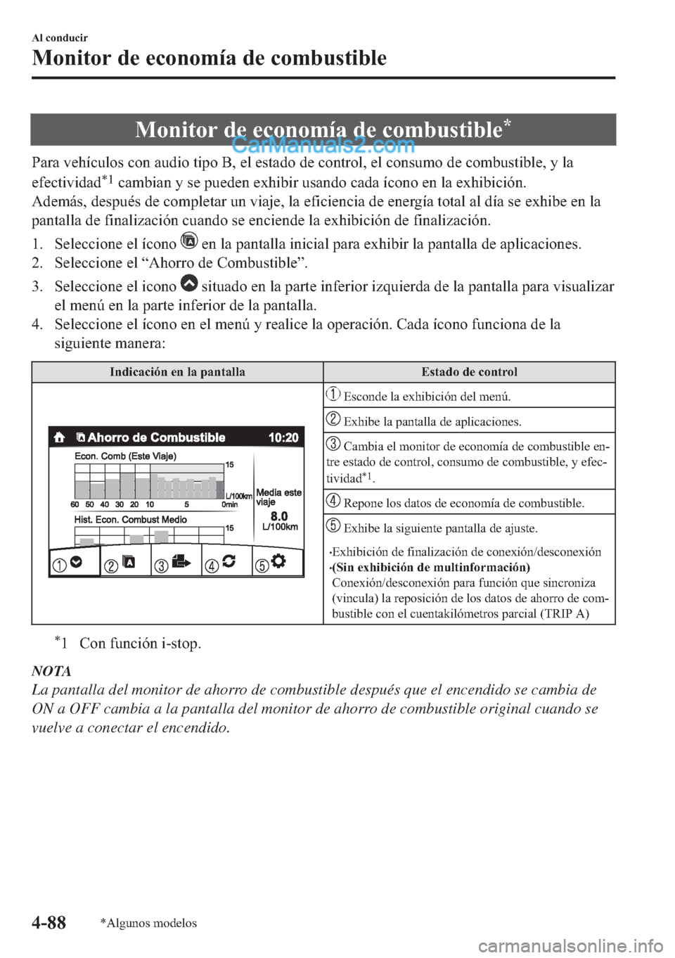 MAZDA MODEL MX-5 2017  Manual del propietario (in Spanish)  �0�R�Q�L�W�R�U��G�H��H�F�R�Q�R�P�t�D��G�H��F�R�P�E�X�V�W�L�E�O�H�
�3�D�U�D��Y�H�K�t�F�X�O�R�V��F�R�Q��D�X�G�L�R��W�L�S�R��%���H�O��H�V�W�D�G�R��G�H��F�R�Q�W�U�R�O���H�O��F�R�Q�V�X�P�