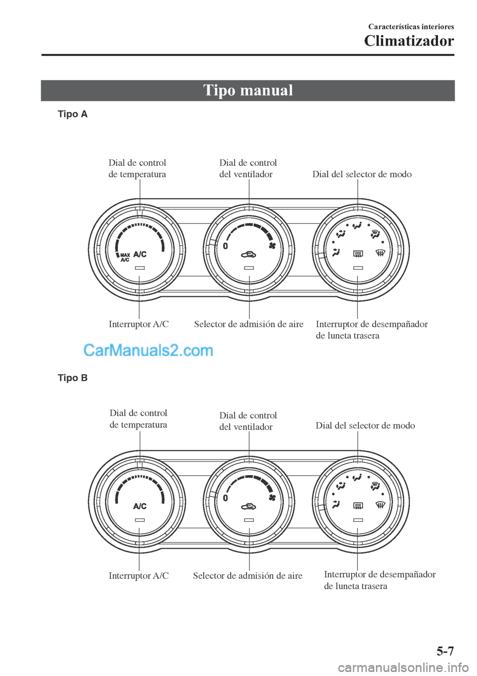 MAZDA MODEL MX-5 2017  Manual del propietario (in Spanish)  �7�L�S�R��P�D�Q�X�D�O
Interruptor de desempañador 
de luneta trasera Selector de admisión de aireDial de control 
del ventilador Dial de control 
de temperatura
Interruptor A/C
Interruptor de desem