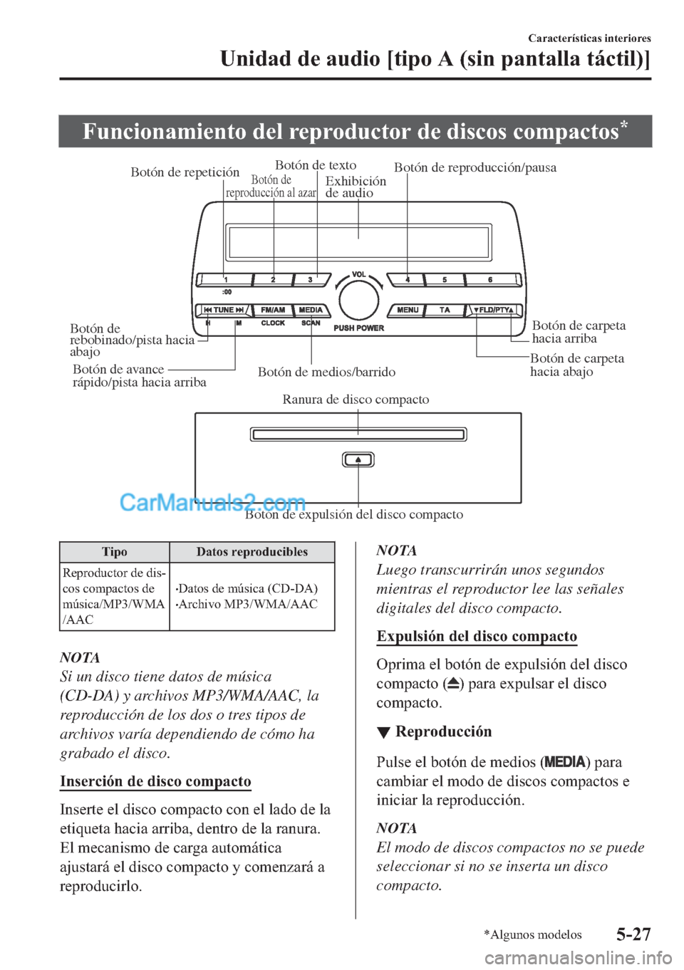 MAZDA MODEL MX-5 2017  Manual del propietario (in Spanish)  �)�X�Q�F�L�R�Q�D�P�L�H�Q�W�R��G�H�O��U�H�S�U�R�G�X�F�W�R�U��G�H��G�L�V�F�R�V��F�R�P�S�D�F�W�R�V�
Botón de expulsión del disco compactoRanura de disco compacto Botón de medios/barridoBotón de