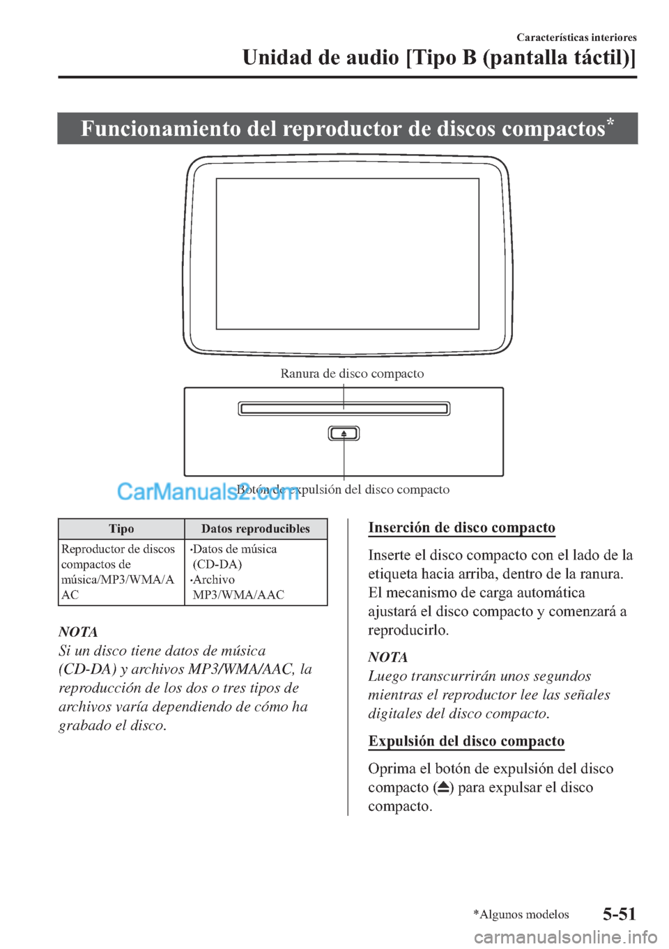 MAZDA MODEL MX-5 2017  Manual del propietario (in Spanish)  �)�X�Q�F�L�R�Q�D�P�L�H�Q�W�R��G�H�O��U�H�S�U�R�G�X�F�W�R�U��G�H��G�L�V�F�R�V��F�R�P�S�D�F�W�R�V�
Botón de expulsión del disco compactoRanura de disco compacto
�7�L�S�R ��D�W�R�V��U�H�S�U�R�G