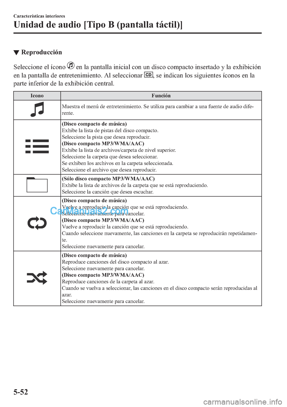 MAZDA MODEL MX-5 2017  Manual del propietario (in Spanish)  ▼�5�H�S�U�R�G�X�F�F�L�y�Q
�6�H�O�H�F�F�L�R�Q�H��H�O��t�F�R�Q�R���H�Q��O�D��S�D�Q�W�D�O�O�D��L�Q�L�F�L�D�O��F�R�Q��X�Q��G�L�V�F�R��F�R�P�S�D�F�W�R��L�Q�V�H�U�W�D�G�R��\��O�D��H�[�K�L�E