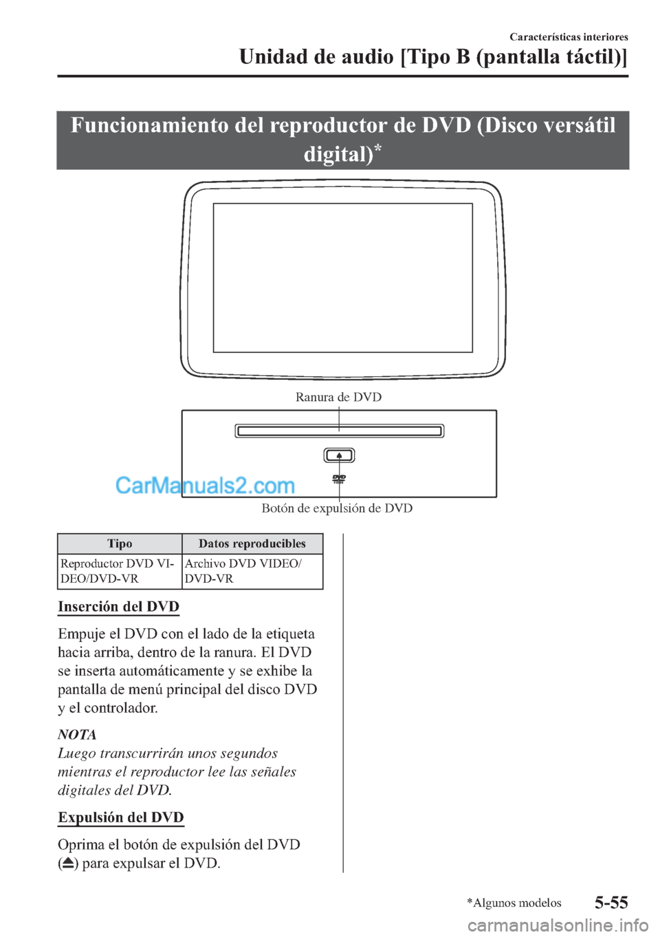 MAZDA MODEL MX-5 2017  Manual del propietario (in Spanish)  �)�X�Q�F�L�R�Q�D�P�L�H�Q�W�R��G�H�O��U�H�S�U�R�G�X�F�W�R�U��G�H���9�����L�V�F�R��Y�H�U�V�i�W�L�O
�G�L�J�L�W�D�O�
�
Botón de expulsión de DVDRanura de DVD 
�7�L�S�R ��D�W�R�V��U�H�S�U�R