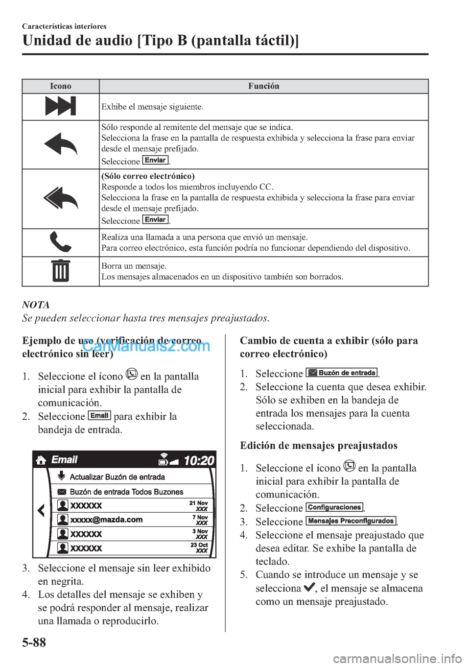 MAZDA MODEL MX-5 2017  Manual del propietario (in Spanish)  �,�F�R�Q�R �)�X�Q�F�L�y�Q
�(�[�K�L�E�H��H�O��P�H�Q�V�D�M�H��V�L�J�X�L�H�Q�W�H�
�6�y�O�R��U�H�V�S�R�Q�G�H��D�O��U�H�P�L�W�H�Q�W�H��G�H�O��P�H�Q�V�D�M�H��T�X�H��V�H��L�Q�G�L�F�D�
�6�H�O�H�F