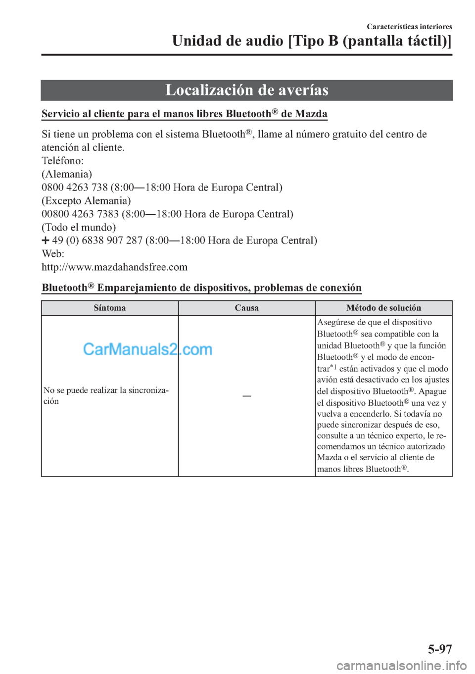 MAZDA MODEL MX-5 2017  Manual del propietario (in Spanish)  �/�R�F�D�O�L�]�D�F�L�y�Q��G�H��D�Y�H�U�t�D�V
�6�H�U�Y�L�F�L�R��D�O��F�O�L�H�Q�W�H��S�D�U�D��H�O��P�D�Q�R�V��O�L�E�U�H�V��%�O�X�H�W�R�R�W�K�Š��G�H��0�D�]�G�D
�6�L��W�L�H�Q�H��X�Q��S�U�R�