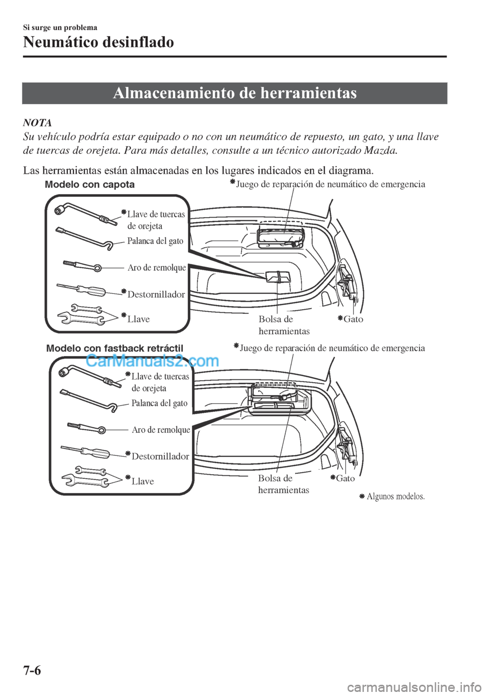 MAZDA MODEL MX-5 2017  Manual del propietario (in Spanish)  �$�O�P�D�F�H�Q�D�P�L�H�Q�W�R��G�H��K�H�U�U�D�P�L�H�Q�W�D�V
NOTA
Su vehículo podría estar equipado o no con un neumático de repuesto, un gato, y una llave
de tuercas de orejeta. Para más detalles
