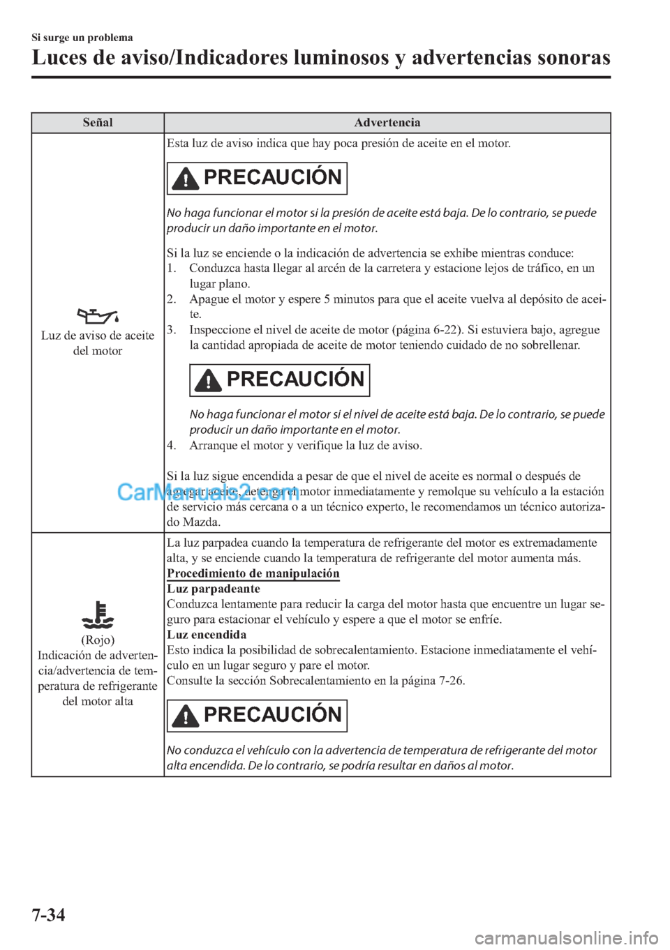 MAZDA MODEL MX-5 2017  Manual del propietario (in Spanish)  �6�H�x�D�O �$�G�Y�H�U�W�H�Q�F�L�D
�/�X�]��G�H��D�Y�L�V�R��G�H��D�F�H�L�W�H
�G�H�O��P�R�W�R�U�(�V�W�D��O�X�]��G�H��D�Y�L�V�R��L�Q�G�L�F�D��T�X�H��K�D�\��S�R�F�D��S�U�H�V�L�y�Q��G�H��D�F�