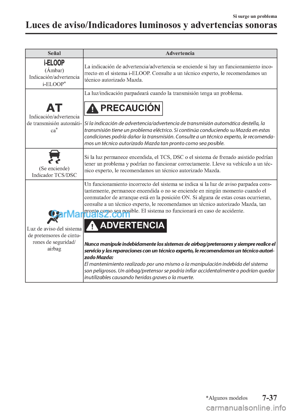 MAZDA MODEL MX-5 2017  Manual del propietario (in Spanish)  �6�H�x�D�O �$�G�Y�H�U�W�H�Q�F�L�D
��