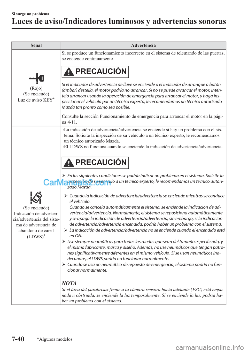 MAZDA MODEL MX-5 2017  Manual del propietario (in Spanish)  �6�H�x�D�O �$�G�Y�H�U�W�H�Q�F�L�D
��5�R�M�R�
��6�H��H�Q�F�L�H�Q�G�H�
�/�X�]��G�H��D�Y�L�V�R��.�(�<
�
�6�L��V�H��S�U�R�G�X�F�H��X�Q��I�X�Q�F�L�R�Q�D�P�L�H�Q�W�R��L�Q�F�R�U�U�H�F�W�R��H�Q