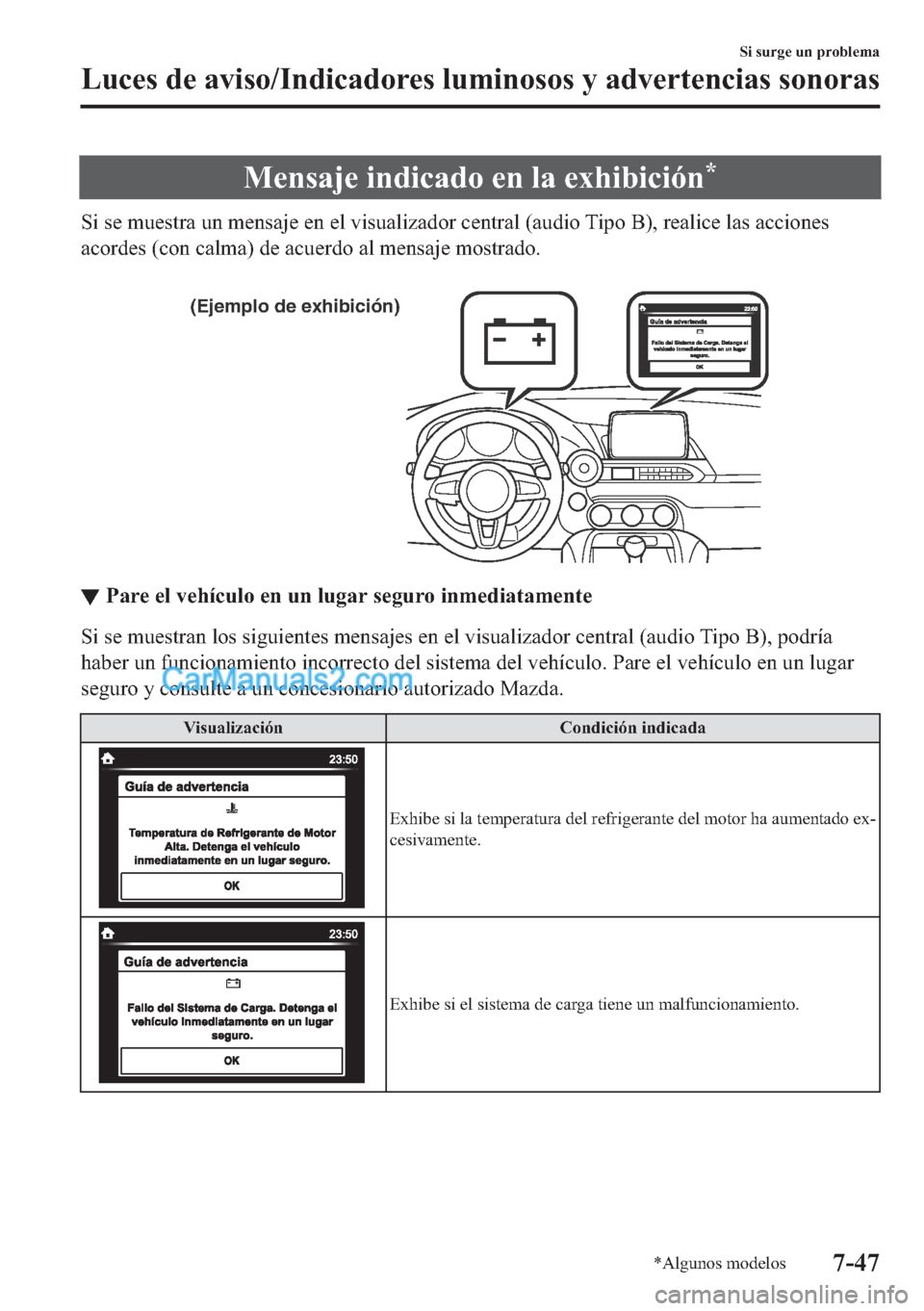 MAZDA MODEL MX-5 2017  Manual del propietario (in Spanish)  �0�H�Q�V�D�M�H��L�Q�G�L�F�D�G�R��H�Q��O�D��H�[�K�L�E�L�F�L�y�Q�
�6�L��V�H��P�X�H�V�W�U�D��X�Q��P�H�Q�V�D�M�H��H�Q��H�O��Y�L�V�X�D�O�L�]�D�G�R�U��F�H�Q�W�U�D�O���D�X�G�L�R��7�L�S�R��%�