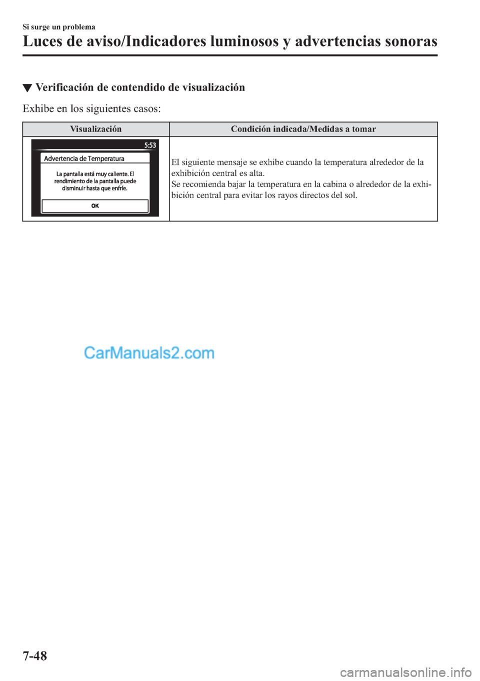 MAZDA MODEL MX-5 2017  Manual del propietario (in Spanish)  ▼�9�H�U�L�I�L�F�D�F�L�y�Q��G�H��F�R�Q�W�H�Q�G�L�G�R��G�H��Y�L�V�X�D�O�L�]�D�F�L�y�Q
�(�[�K�L�E�H��H�Q��O�R�V��V�L�J�X�L�H�Q�W�H�V��F�D�V�R�V�
�9�L�V�X�D�O�L�]�D�F�L�y�Q �&�R�Q�G�L�F�L�y�Q�