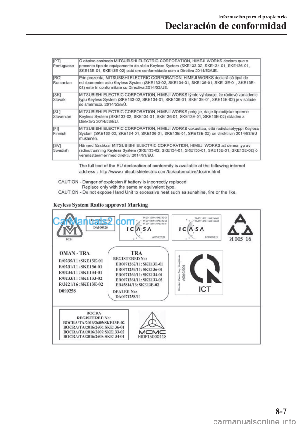 MAZDA MODEL MX-5 2017  Manual del propietario (in Spanish)  �,�Q�I�R�U�P�D�F�L�y�Q��S�D�U�D��H�O��S�U�R�S�L�H�W�D�U�L�R
��H�F�O�D�U�D�F�L�y�Q��G�H��F�R�Q�I�R�U�P�L�G�D�G
���  