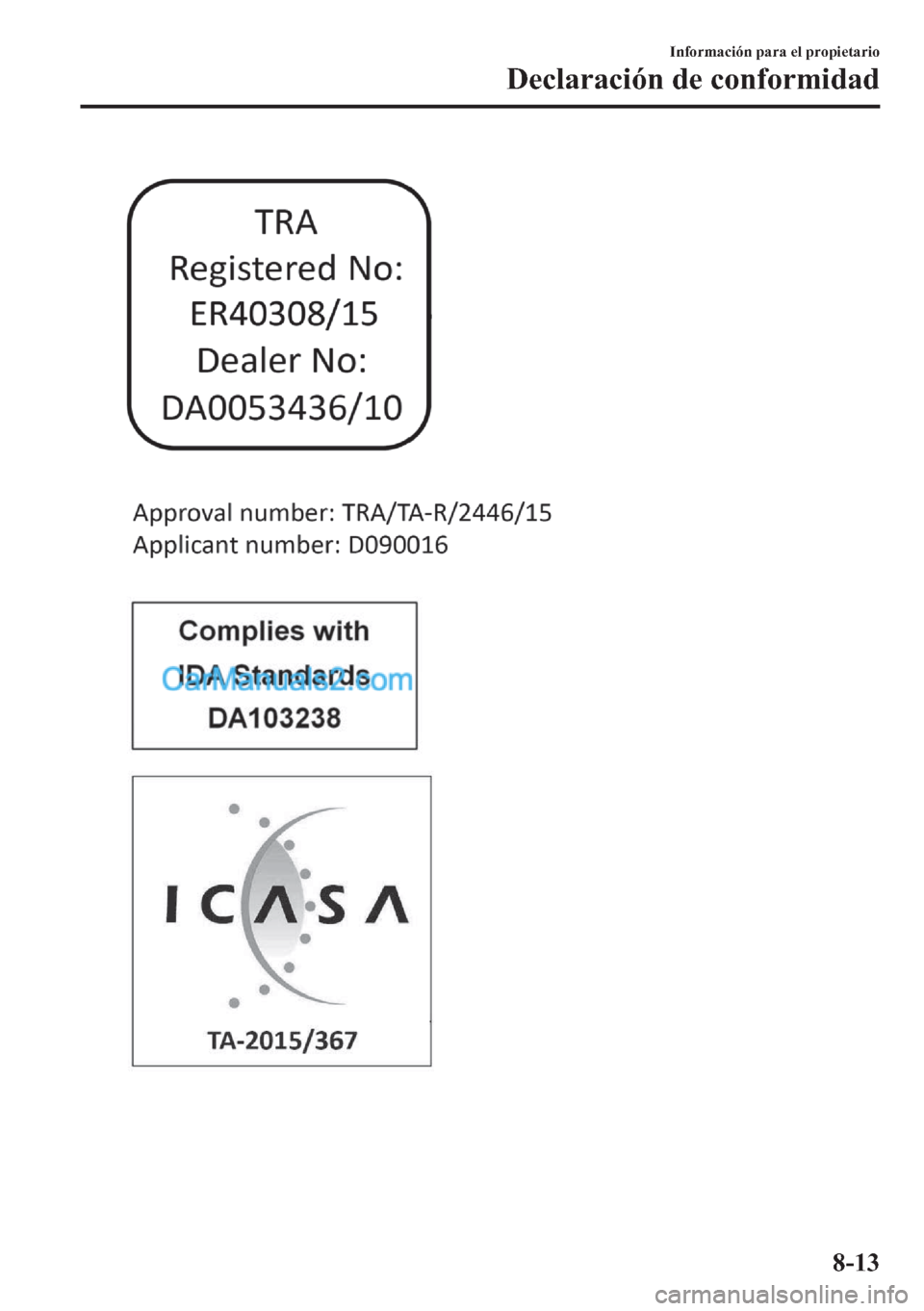 MAZDA MODEL MX-5 2017  Manual del propietario (in Spanish)  �,�Q�I�R�U�P�D�F�L�y�Q��S�D�U�D��H�O��S�U�R�S�L�H�W�D�U�L�R
��H�F�O�D�U�D�F�L�y�Q��G�H��F�R�Q�I�R�U�P�L�G�D�G
����  