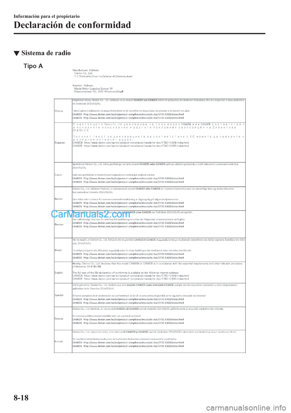 MAZDA MODEL MX-5 2017  Manual del propietario (in Spanish)  ▼�6�L�V�W�H�P�D��G�H��U�D�G�L�R
Tipo A
�,�Q�I�R�U�P�D�F�L�y�Q��S�D�U�D��H�O��S�U�R�S�L�H�W�D�U�L�R
��H�F�O�D�U�D�F�L�y�Q��G�H��F�R�Q�I�R�U�P�L�G�D�G
����  