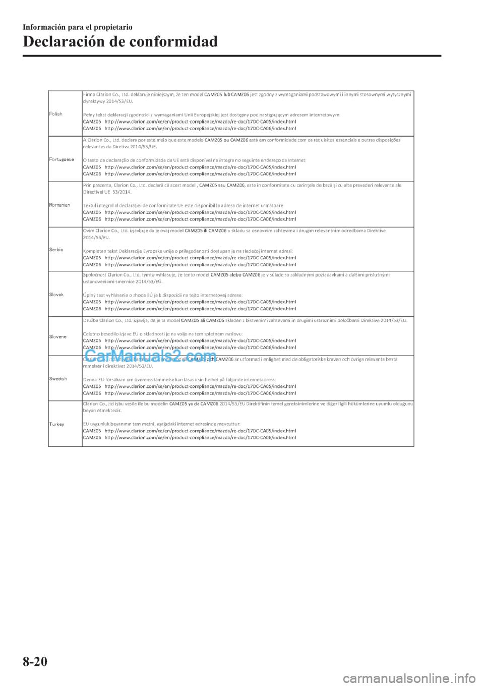 MAZDA MODEL MX-5 2017  Manual del propietario (in Spanish)  �,�Q�I�R�U�P�D�F�L�y�Q��S�D�U�D��H�O��S�U�R�S�L�H�W�D�U�L�R
��H�F�O�D�U�D�F�L�y�Q��G�H��F�R�Q�I�R�U�P�L�G�D�G
����  