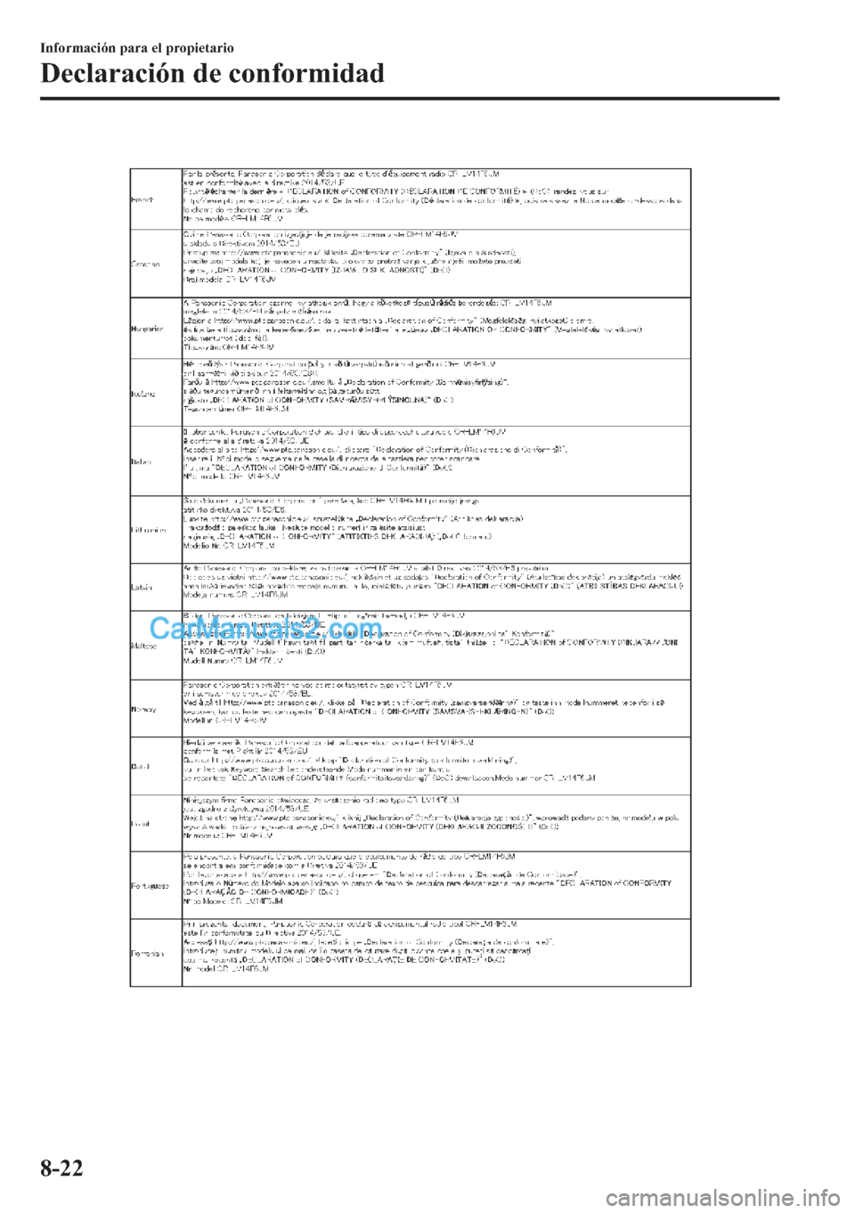MAZDA MODEL MX-5 2017  Manual del propietario (in Spanish)  �,�Q�I�R�U�P�D�F�L�y�Q��S�D�U�D��H�O��S�U�R�S�L�H�W�D�U�L�R
��H�F�O�D�U�D�F�L�y�Q��G�H��F�R�Q�I�R�U�P�L�G�D�G
����  