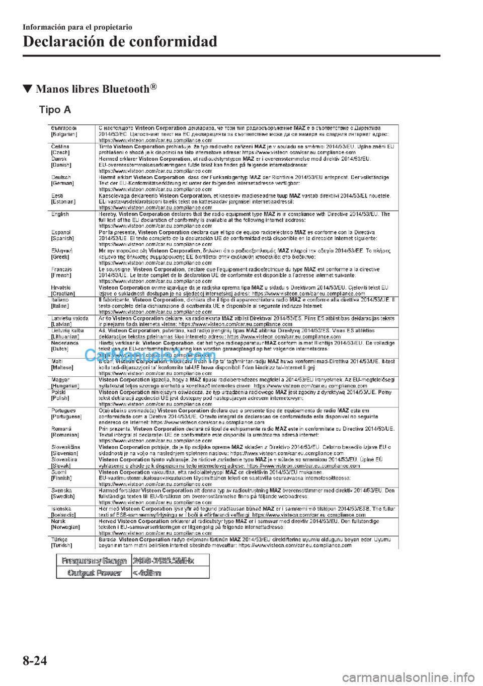 MAZDA MODEL MX-5 2017  Manual del propietario (in Spanish)  ▼�0�D�Q�R�V��O�L�E�U�H�V��%�O�X�H�W�R�R�W�K�Š
Tipo A
�,�Q�I�R�U�P�D�F�L�y�Q��S�D�U�D��H�O��S�U�R�S�L�H�W�D�U�L�R
��H�F�O�D�U�D�F�L�y�Q��G�H��F�R�Q�I�R�U�P�L�G�D�G
����  