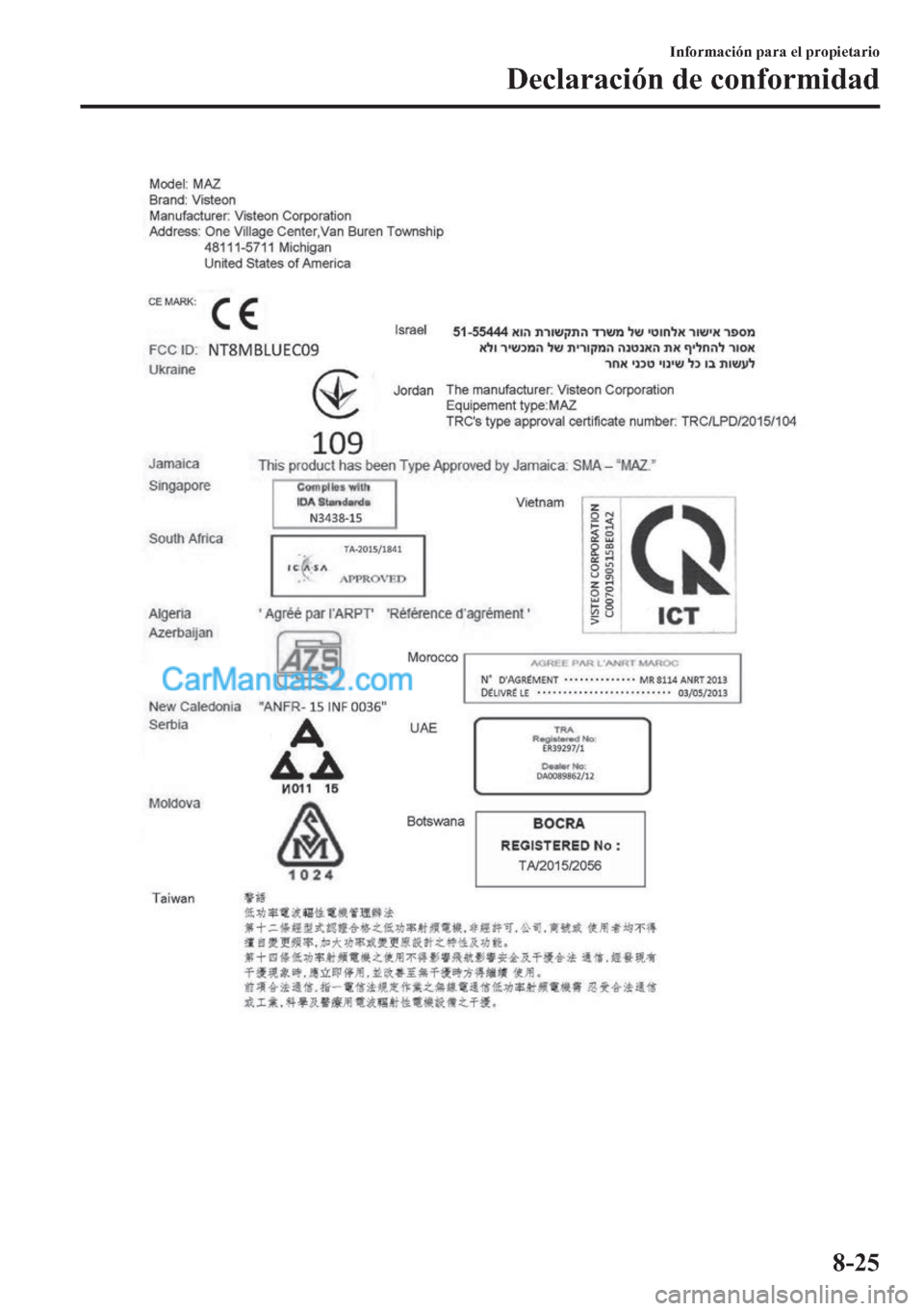 MAZDA MODEL MX-5 2017  Manual del propietario (in Spanish)  �,�Q�I�R�U�P�D�F�L�y�Q��S�D�U�D��H�O��S�U�R�S�L�H�W�D�U�L�R
��H�F�O�D�U�D�F�L�y�Q��G�H��F�R�Q�I�R�U�P�L�G�D�G
����  