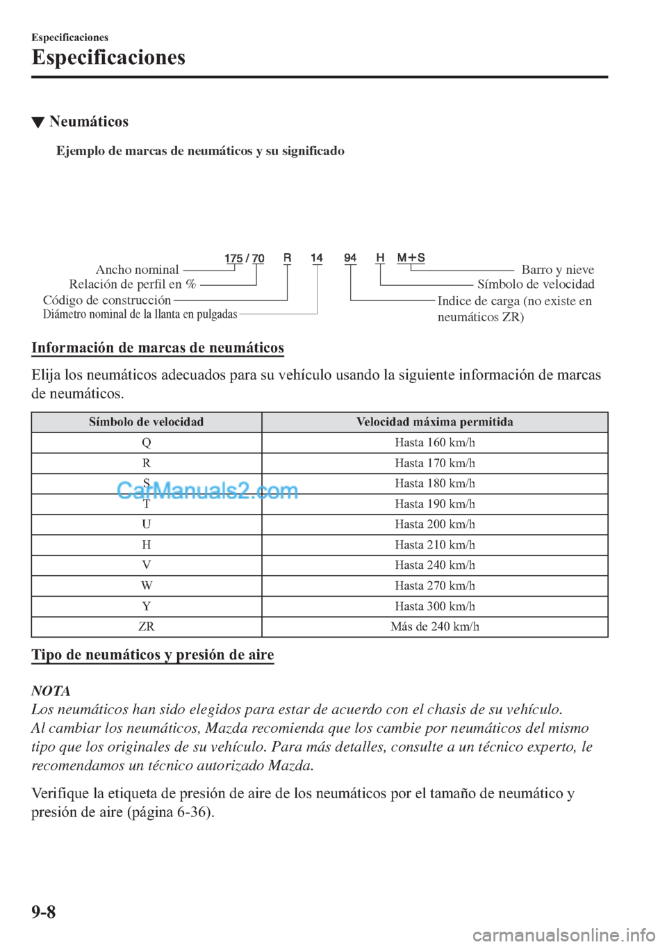 MAZDA MODEL MX-5 2017  Manual del propietario (in Spanish)  ▼�1�H�X�P�i�W�L�F�R�V
Ejemplo de marcas de neumáticos y su significado 
Ancho nominal
Relación de perfil en %
Código de construcciónBarro y nieve 
Símbolo de velocidad 
Diámetro nominal de la 