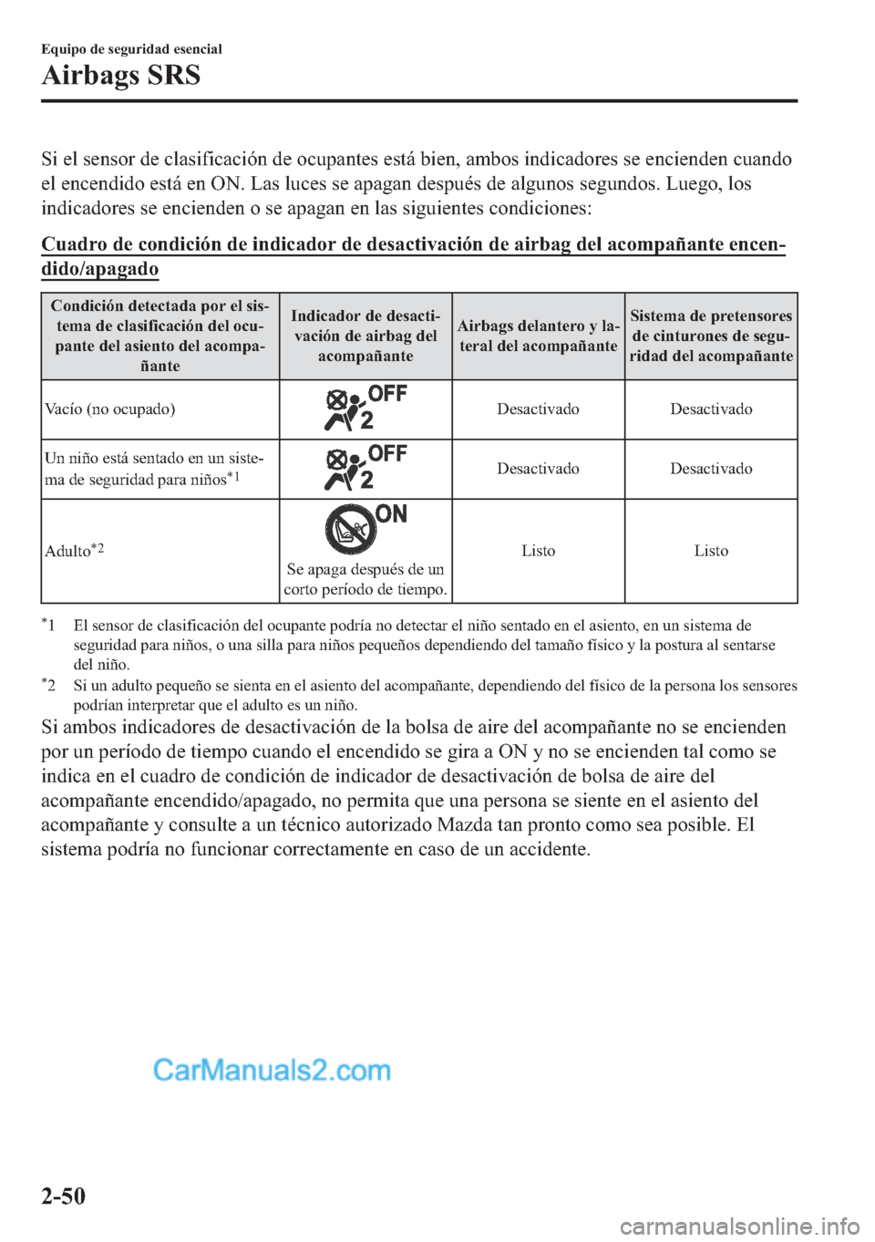 MAZDA MODEL MX-5 2017  Manual del propietario (in Spanish)  �6�L��H�O��V�H�Q�V�R�U��G�H��F�O�D�V�L�I�L�F�D�F�L�y�Q��G�H��R�F�X�S�D�Q�W�H�V��H�V�W�i��E�L�H�Q���D�P�E�R�V��L�Q�G�L�F�D�G�R�U�H�V��V�H��H�Q�F�L�H�Q�G�H�Q��F�X�D�Q�G�R
�H�O��H�Q�F�H�Q�