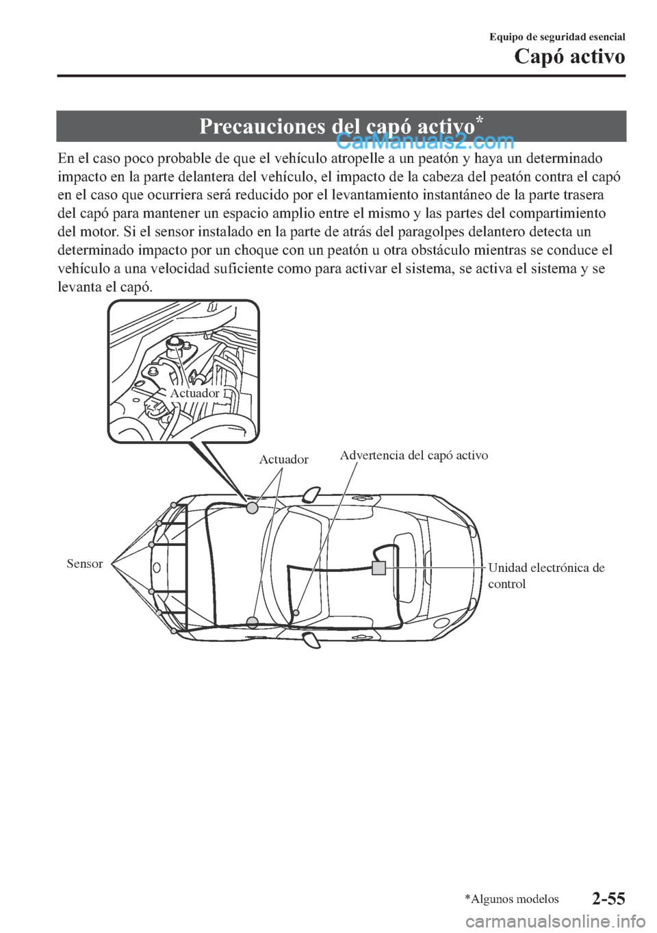 MAZDA MODEL MX-5 2017  Manual del propietario (in Spanish)  �3�U�H�F�D�X�F�L�R�Q�H�V��G�H�O��F�D�S�y��D�F�W�L�Y�R�
�(�Q��H�O��F�D�V�R��S�R�F�R��S�U�R�E�D�E�O�H��G�H��T�X�H��H�O��Y�H�K�t�F�X�O�R��D�W�U�R�S�H�O�O�H��D��X�Q��S�H�D�W�y�Q��\��K�D�