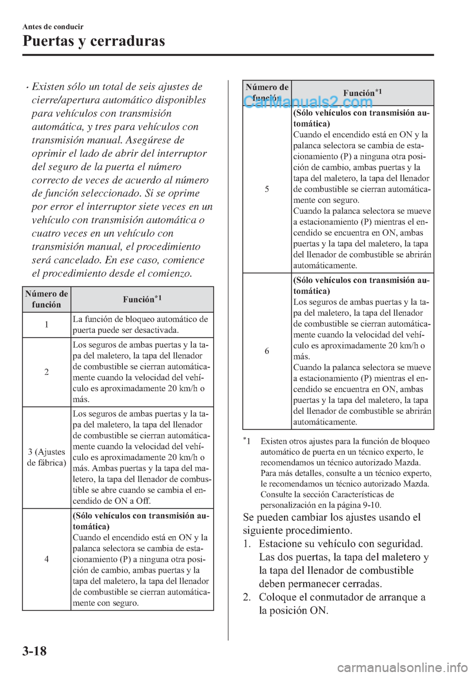 MAZDA MODEL MX-5 2017  Manual del propietario (in Spanish)  �xExisten sólo un total de seis ajustes de
cierre/apertura automático disponibles
para vehículos con transmisión
automática, y tres para vehículos con
transmisión manual. Asegúrese de
oprimir 