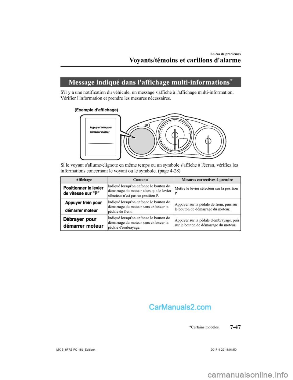 MAZDA MODEL MX-5 2017 Manuel du propriétaire (in French) Message indiqué dans laffichage multi-informations*
Sil y a une notification du véhicule, un message saffiche à laffichage multi-information.
Vérifier linformatio n et prendre les mesures né MAZDA MODEL MX-5 2017 Manuel du propriétaire (in French) Message indiqué dans laffichage multi-informations*
Sil y a une notification du véhicule, un message saffiche à laffichage multi-information.
Vérifier linformatio n et prendre les mesures né