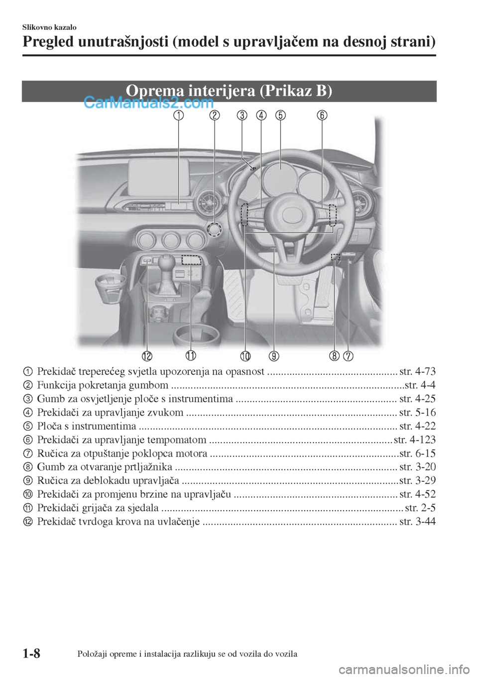 MAZDA MODEL MX-5 2017  Upute za uporabu (in Crotian) Oprema interijera (Prikaz B)
pPrekida�þ trepere�üeg svjetla upozorenja na opasnost ............................................... str. 4-73
qFunkcija pokretanja gumbom ...........................