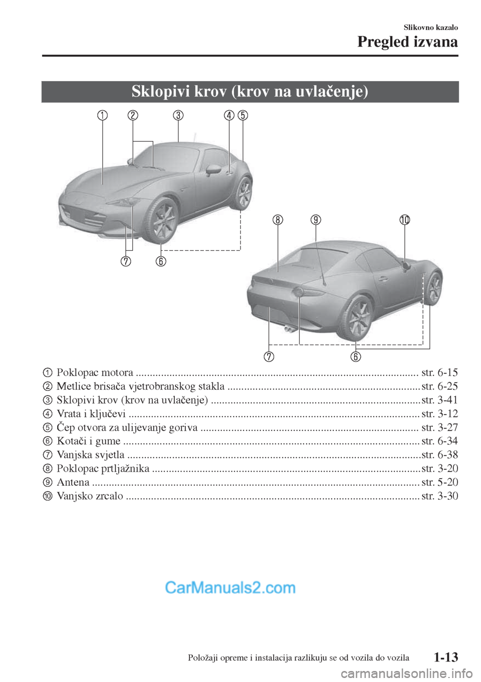 MAZDA MODEL MX-5 2017  Upute za uporabu (in Crotian) Sklopivi krov (krov na uvla�þenje)
pPoklopac motora ..................................................................................................... str. 6-15
qMetlice brisa�þa vjetrobranskog