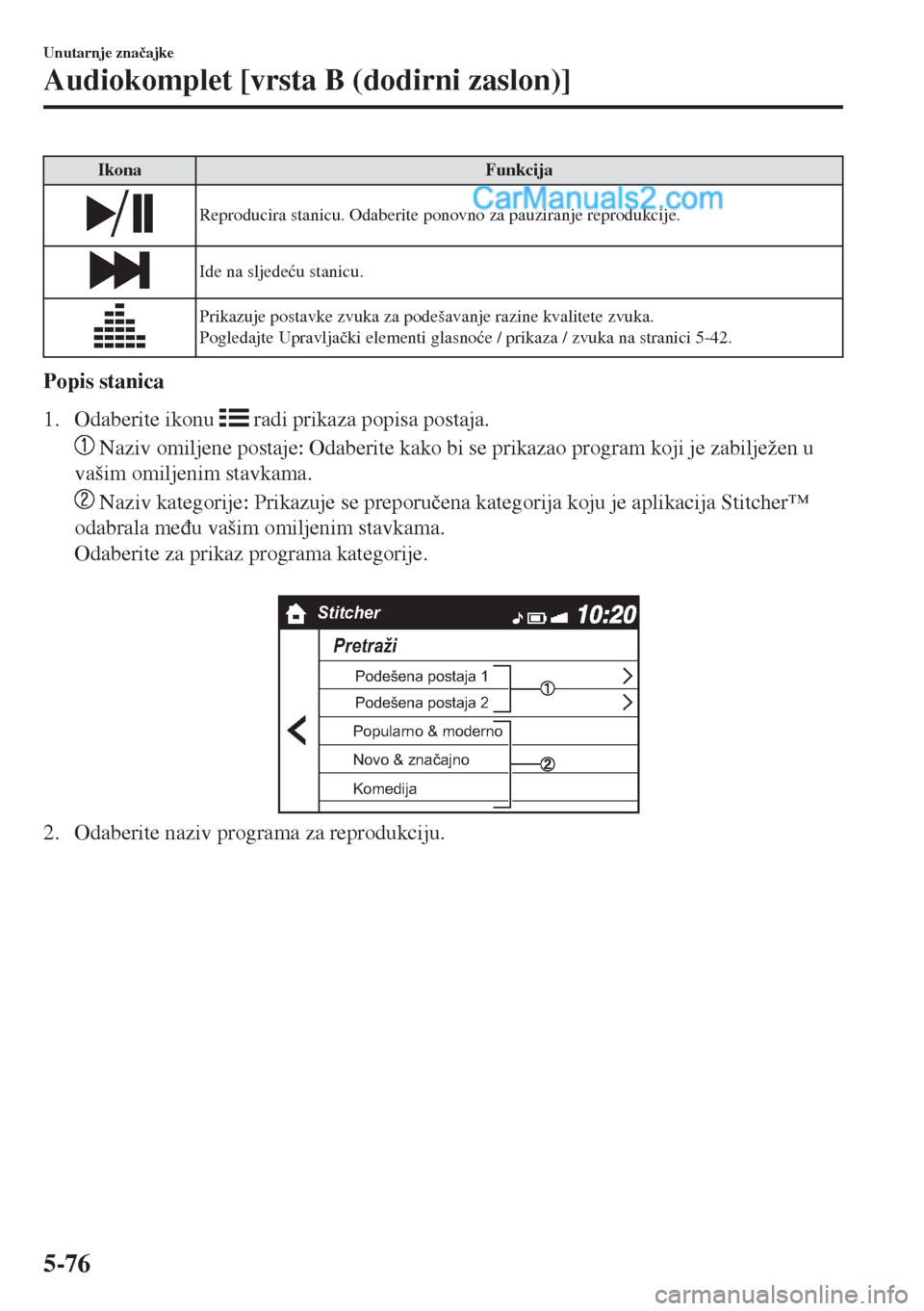 MAZDA MODEL MX-5 2017  Upute za uporabu (in Crotian) Ikona Funkcija
Reproducira stanicu. Odaberite ponovno za pauziranje reprodukcije.
Ide na sljede�üu stanicu.
Prikazuje postavke zvuka za podešavanje razine kvalitete zvuka.
Pogledajte Upravlja�þki e