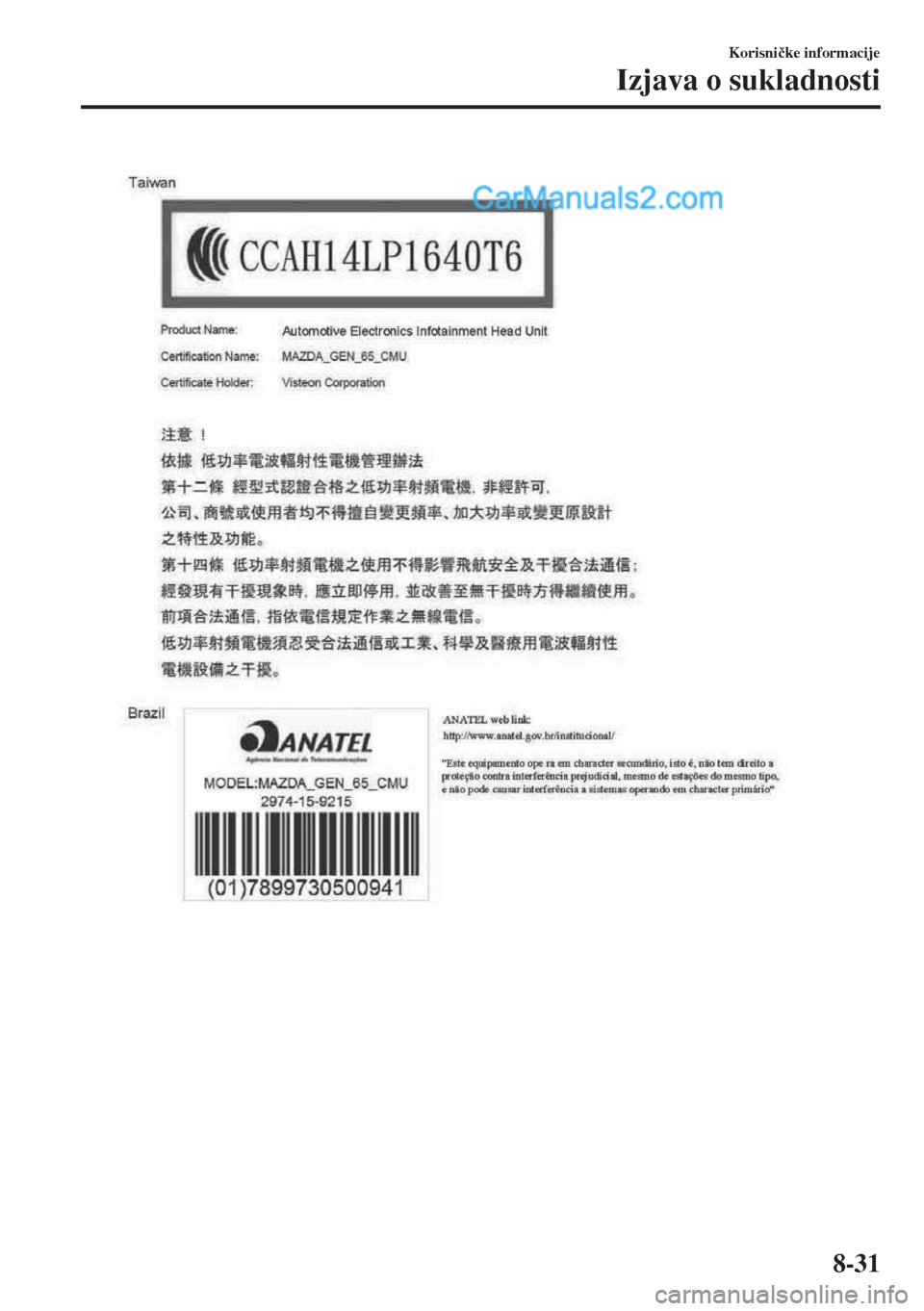 MAZDA MODEL MX-5 2017  Upute za uporabu (in Crotian) Korisni�þke informacije
Izjava o sukladnosti
8-31  