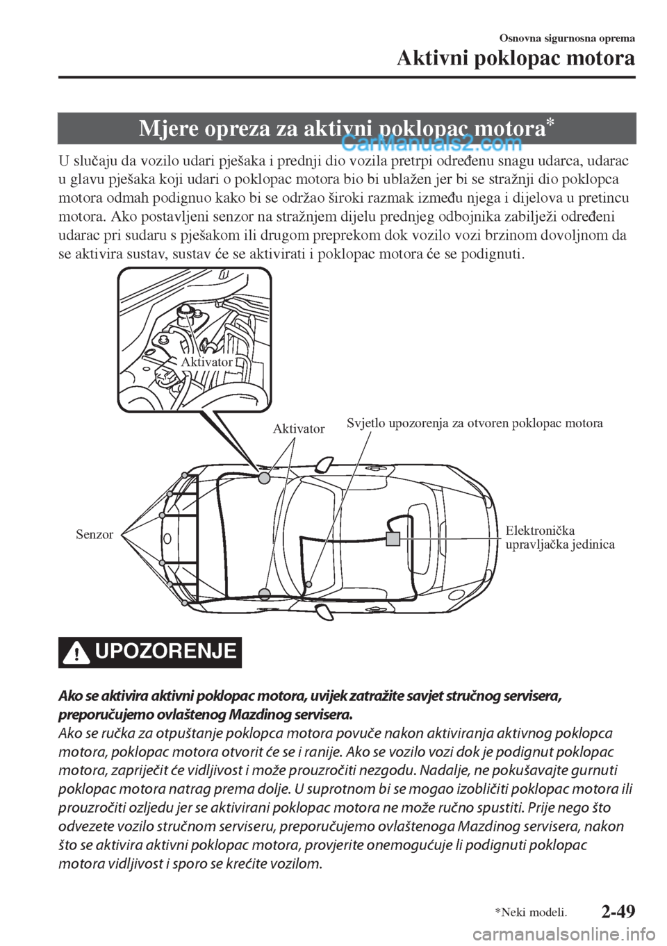 MAZDA MODEL MX-5 2017  Upute za uporabu (in Crotian) Mjere opreza za aktivni poklopac motora*
U slu�þaju da vozilo udari pješaka i prednji dio vozila pretrpi odre�ÿenu snagu udarca, udarac
u glavu pješaka koji udari o poklopac motora bio bi ublažen
