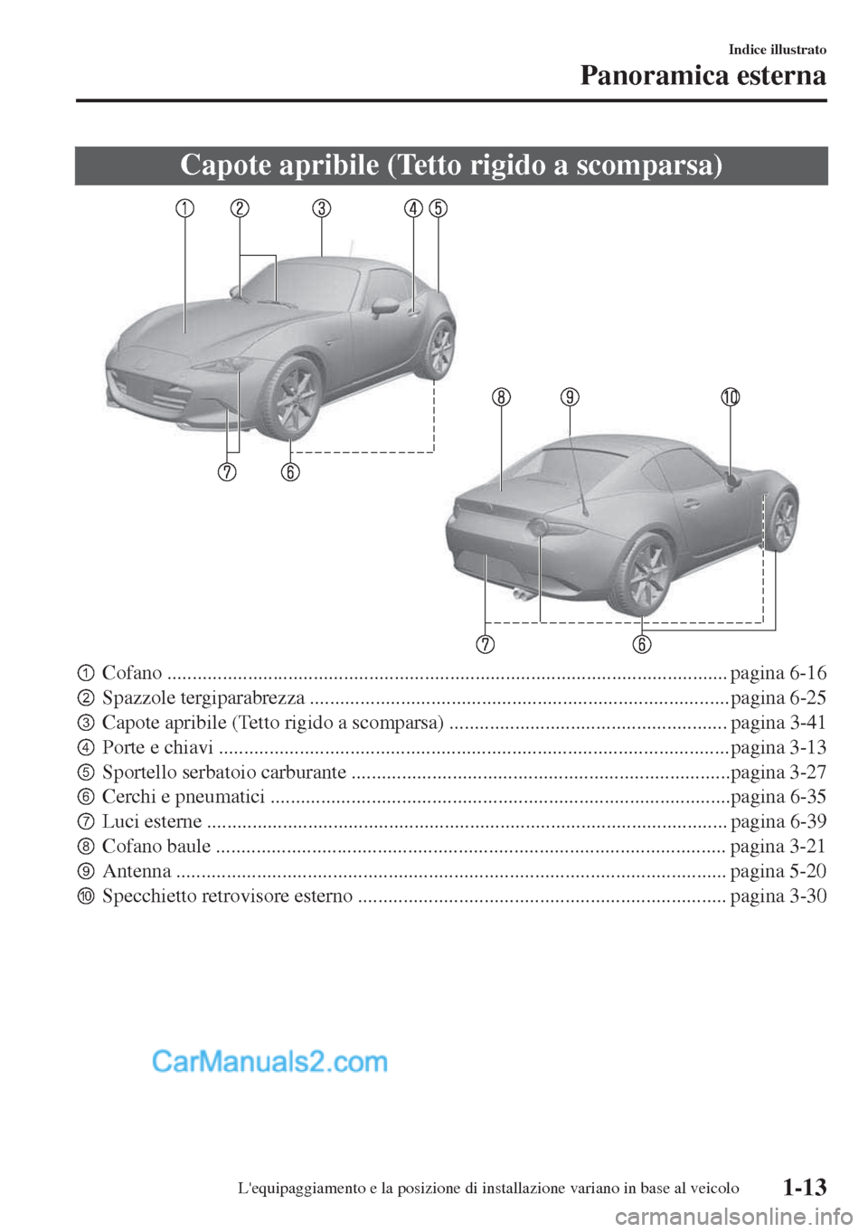 MAZDA MODEL MX-5 2017  Manuale del proprietario (in Italian) Capote apribile (Tetto rigido a scomparsa)
pCofano ............................................................................................................... pagina 6-16
qSpazzole tergiparabrez