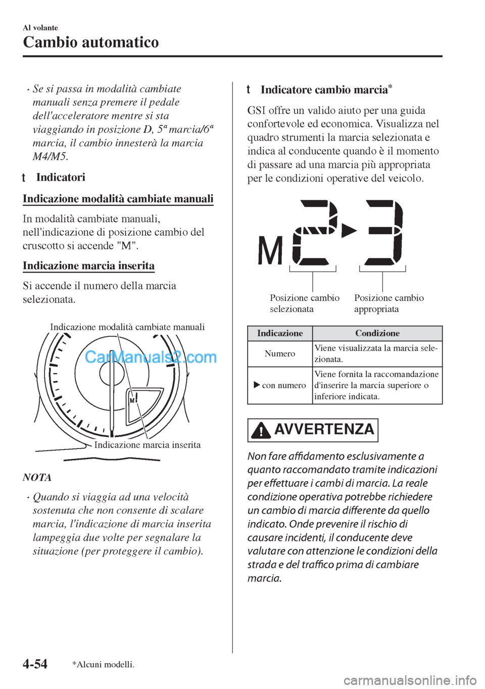 MAZDA MODEL MX-5 2017 Manuale del proprietario (in Italian) •Se si passa in modalità cambiate
manuali senza premere il pedale
dellacceleratore mentre si sta
viaggiando in posizione D, 5ª marcia/6ª
marcia, il cambio innesterà la marcia
M4/M5.
tIndicatori MAZDA MODEL MX-5 2017 Manuale del proprietario (in Italian) •Se si passa in modalità cambiate
manuali senza premere il pedale
dellacceleratore mentre si sta
viaggiando in posizione D, 5ª marcia/6ª
marcia, il cambio innesterà la marcia
M4/M5.
tIndicatori