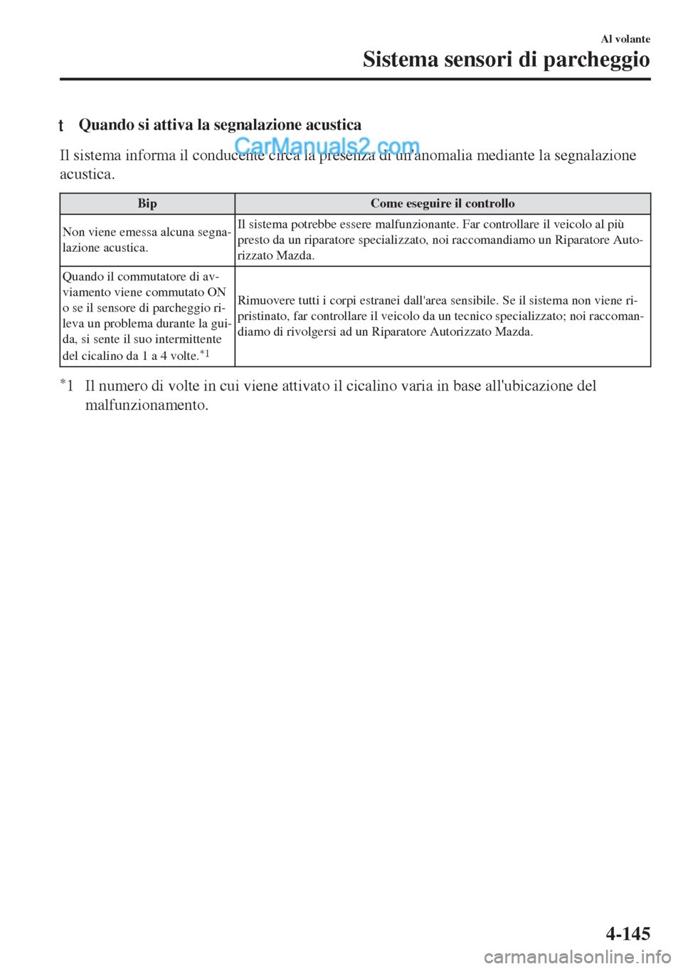 MAZDA MODEL MX-5 2017  Manuale del proprietario (in Italian) tQuando si attiva la segnalazione acustica
Il sistema informa il conducente circa la presenza di unanomalia mediante la segnalazione
acustica.
Bip Come eseguire il controllo
Non viene emessa alcuna s