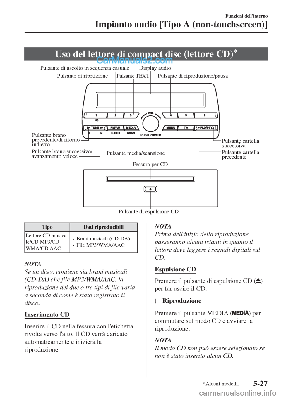 MAZDA MODEL MX-5 2017  Manuale del proprietario (in Italian) Uso del lettore di compact disc (lettore CD)*
Pulsante di espulsione CDFessura per CD Pulsante media/scansionePulsante cartella 
precedente Pulsante cartella 
successiva Pulsante di riproduzione/pausa