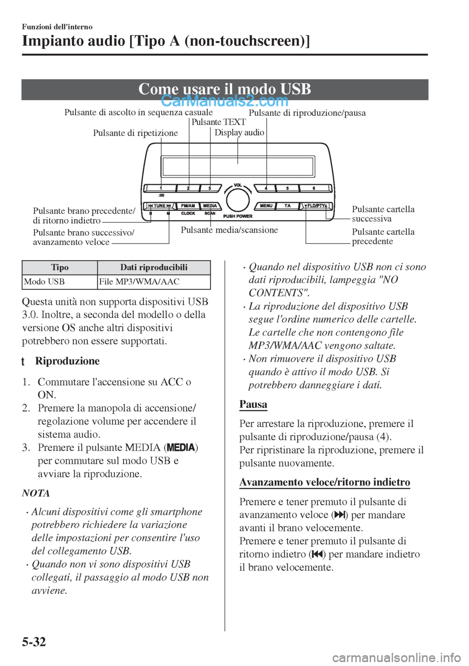 MAZDA MODEL MX-5 2017 Manuale del proprietario (in Italian) Come usare il modo USB
Pulsante media/scansione
Pulsante cartella
precedente Pulsante cartella
successiva Pulsante di riproduzione/pausa Pulsante di ascolto in sequenza casuale
Pulsante di ripetizio MAZDA MODEL MX-5 2017 Manuale del proprietario (in Italian) Come usare il modo USB
Pulsante media/scansione
Pulsante cartella
precedente Pulsante cartella
successiva Pulsante di riproduzione/pausa Pulsante di ascolto in sequenza casuale
Pulsante di ripetizio