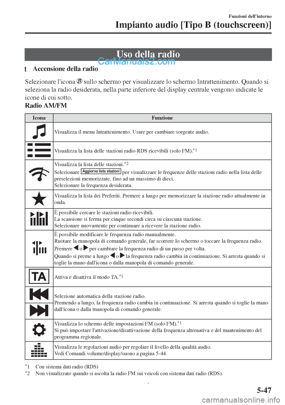 MAZDA MODEL MX-5 2017 Manuale del proprietario (in Italian) Uso della radio
tAccensione della radio
Selezionare licona sullo schermo per visualizzare lo schermo Intrattenimento. Quando si
seleziona la radio desiderata, nella parte inferiore del display centr MAZDA MODEL MX-5 2017 Manuale del proprietario (in Italian) Uso della radio
tAccensione della radio
Selezionare licona sullo schermo per visualizzare lo schermo Intrattenimento. Quando si
seleziona la radio desiderata, nella parte inferiore del display centr