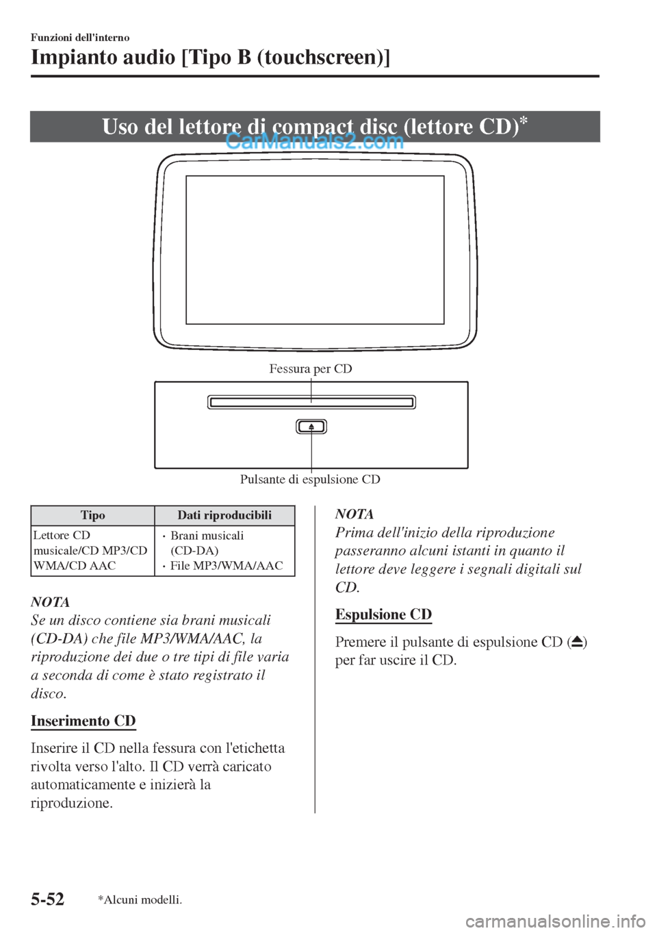 MAZDA MODEL MX-5 2017  Manuale del proprietario (in Italian) Uso del lettore di compact disc (lettore CD)*
Pulsante di espulsione CDFessura per CD
Tipo Dati riproducibili
Lettore CD
musicale/CD MP3/CD
WMA/CD AAC
•Brani musicali
(CD-DA)
•File MP3/WMA/AAC
NOT