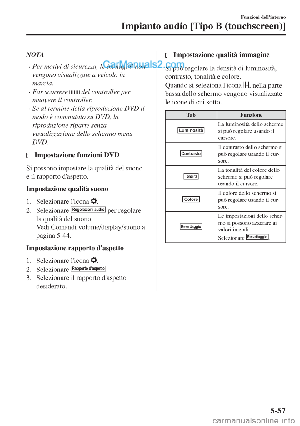 MAZDA MODEL MX-5 2017  Manuale del proprietario (in Italian) NOTA
•Per motivi di sicurezza, le immagini non
vengono visualizzate a veicolo in
marcia.
•Far scorrere  del controller per
muovere il controller.
•Se al termine della riproduzione DVD il
modo è