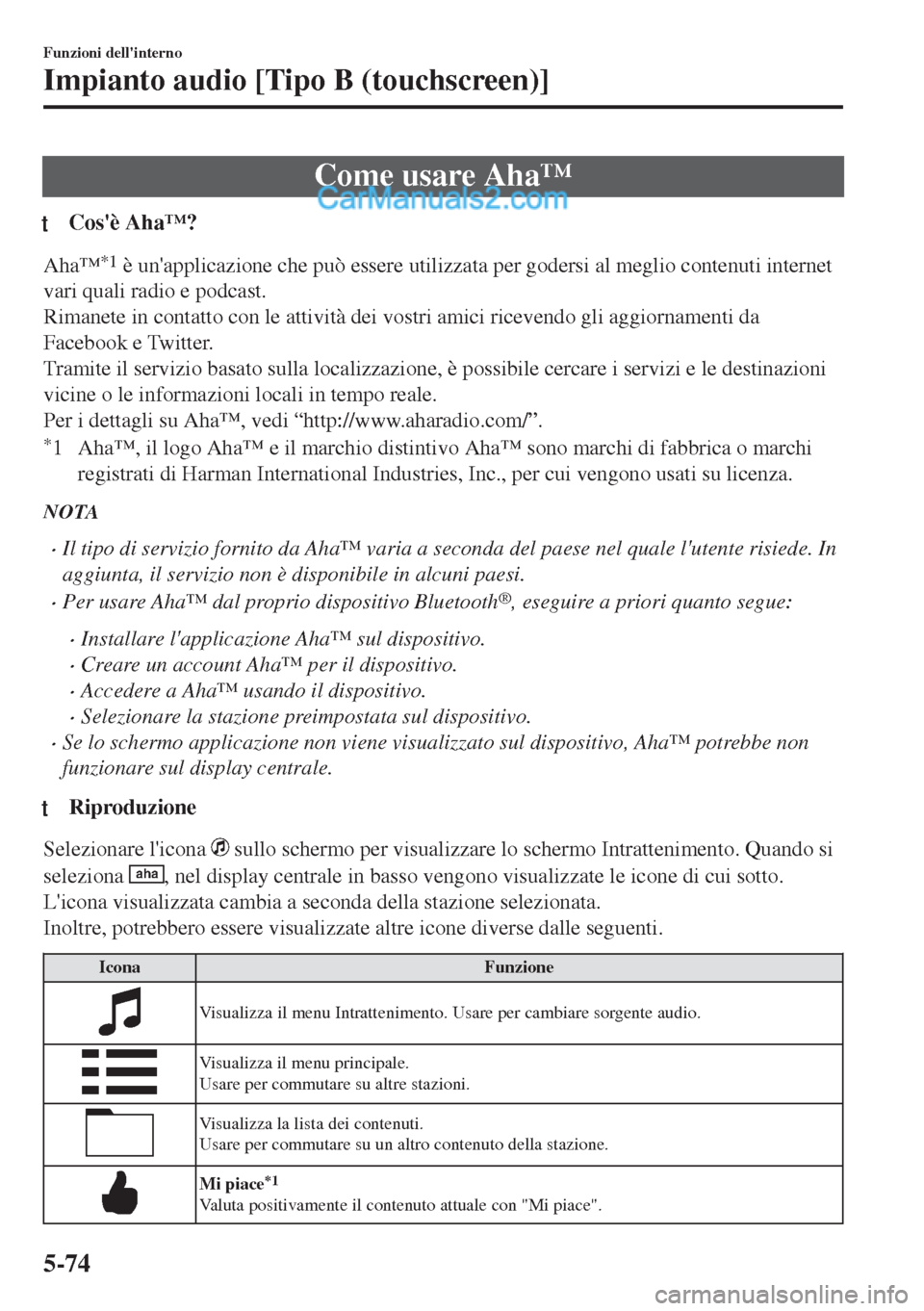 MAZDA MODEL MX-5 2017 Manuale del proprietario (in Italian) Come usare Aha™
tCosè Aha™?
Aha™*1 è unapplicazione che può essere utilizzata per godersi al meglio contenuti internet
vari quali radio e podcast.
Rimanete in contatto con le attività dei MAZDA MODEL MX-5 2017 Manuale del proprietario (in Italian) Come usare Aha™
tCosè Aha™?
Aha™*1 è unapplicazione che può essere utilizzata per godersi al meglio contenuti internet
vari quali radio e podcast.
Rimanete in contatto con le attività dei