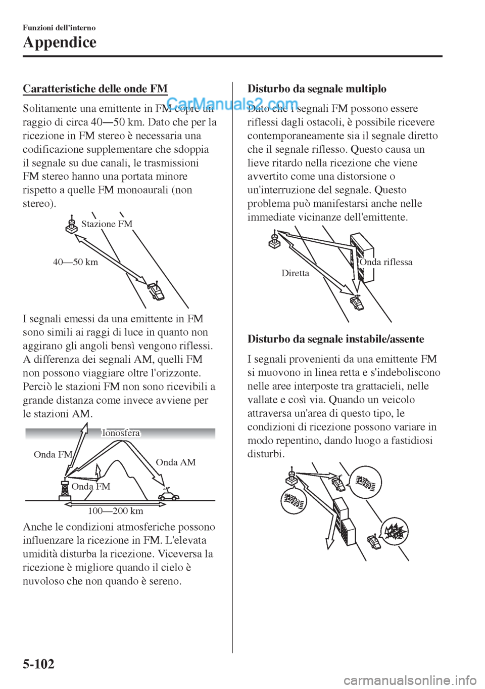 MAZDA MODEL MX-5 2017  Manuale del proprietario (in Italian) Caratteristiche delle onde FM
Solitamente una emittente in FM copre un
raggio di circa 40Š50 km. Dato che per la
ricezione in FM stereo è necessaria una
codificazione supplementare che sdoppia
il s