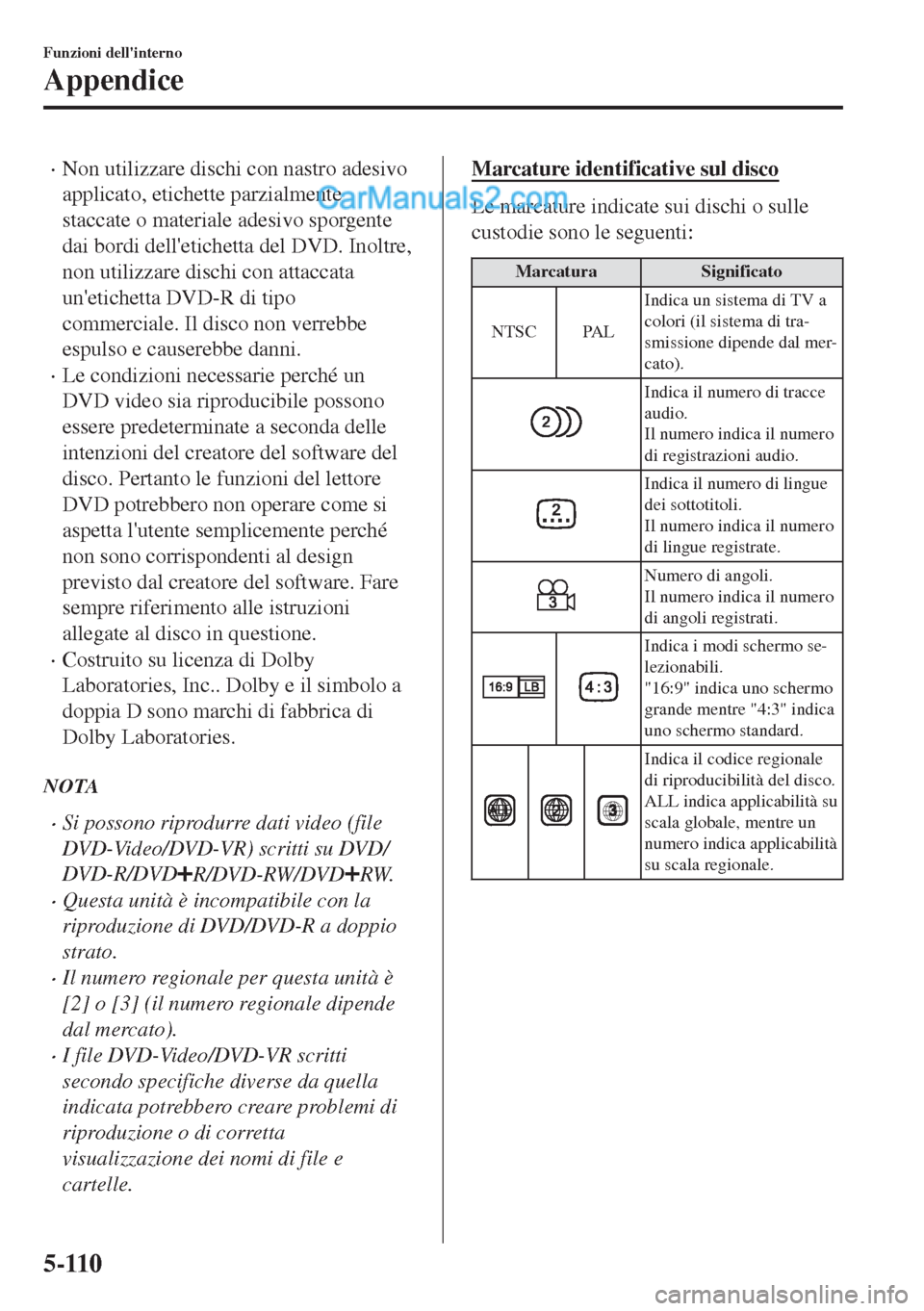 MAZDA MODEL MX-5 2017  Manuale del proprietario (in Italian) •Non utilizzare dischi con nastro adesivo
applicato, etichette parzialmente
staccate o materiale adesivo sporgente
dai bordi delletichetta del DVD. Inoltre,
non utilizzare dischi con attaccata
une