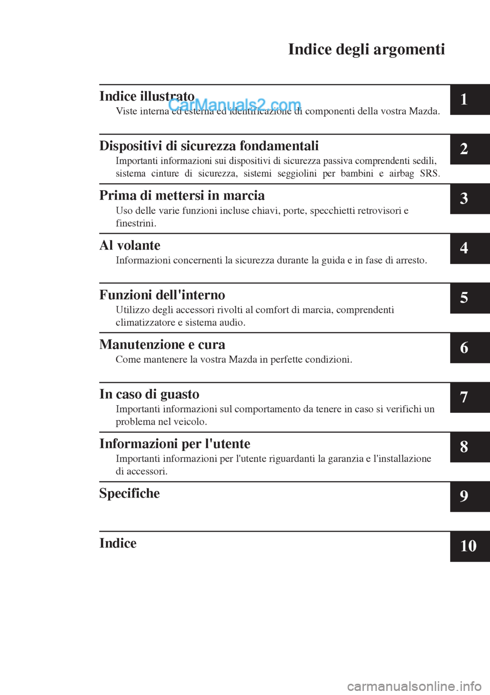 MAZDA MODEL MX-5 2017  Manuale del proprietario (in Italian) Indice degli argomenti
Indice illustrato
Viste interna ed esterna ed identificazione di componenti della vostra Mazda.1
Dispositivi di sicurezza fondamentali
Importanti informazioni sui dispositivi di