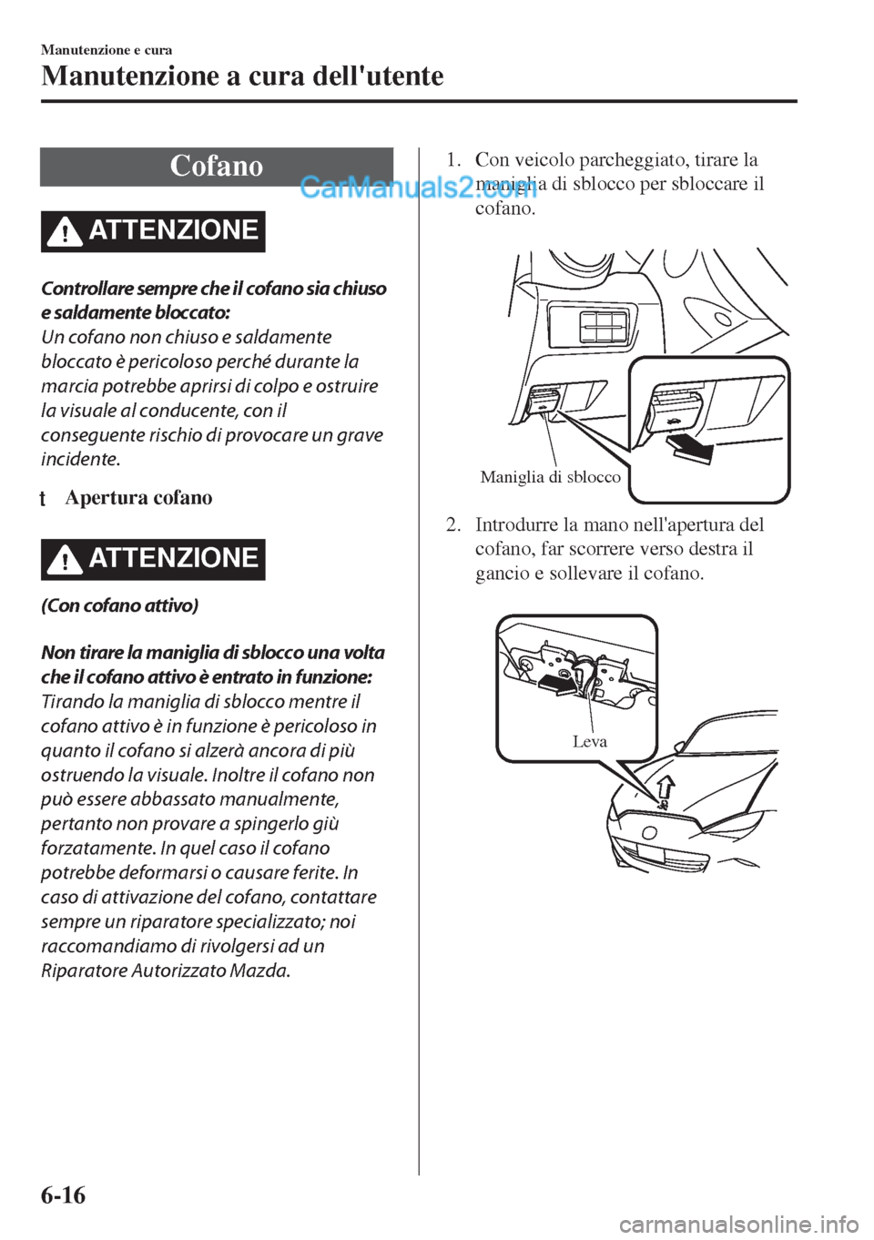 MAZDA MODEL MX-5 2017  Manuale del proprietario (in Italian) Cofano
ATTENZIONE
Controllare sempre che il cofano sia chiuso
e saldamente bloccato:
Un cofano non chiuso e saldamente
bloccato è pericoloso perché durante la
marcia potrebbe aprirsi di colpo e ostr