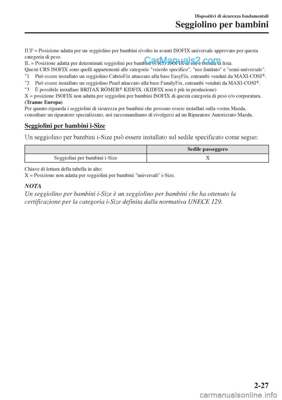 MAZDA MODEL MX-5 2017 Manuale del proprietario (in Italian) IUF = Posizione adatta per un seggiolino per bambini rivolto in avanti ISOFIX universale approvato per questa
categoria di peso.
IL = Posizione adatta per determinati seggiolini per bambini (CRS) ISOF MAZDA MODEL MX-5 2017 Manuale del proprietario (in Italian) IUF = Posizione adatta per un seggiolino per bambini rivolto in avanti ISOFIX universale approvato per questa
categoria di peso.
IL = Posizione adatta per determinati seggiolini per bambini (CRS) ISOF