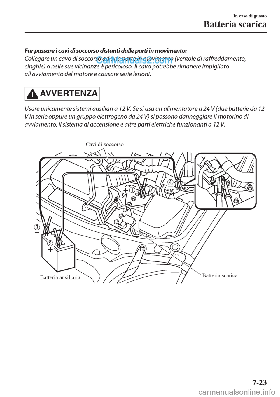 MAZDA MODEL MX-5 2017 Manuale del proprietario (in Italian) Far passare i cavi di soccorso distanti dalle parti in movimento:
Collegare un cavo di soccorso ad una parte in movimento (ventole di raffreddamento,
cinghie) o nelle sue vicinanze è pericoloso. Il c MAZDA MODEL MX-5 2017 Manuale del proprietario (in Italian) Far passare i cavi di soccorso distanti dalle parti in movimento:
Collegare un cavo di soccorso ad una parte in movimento (ventole di raffreddamento,
cinghie) o nelle sue vicinanze è pericoloso. Il c