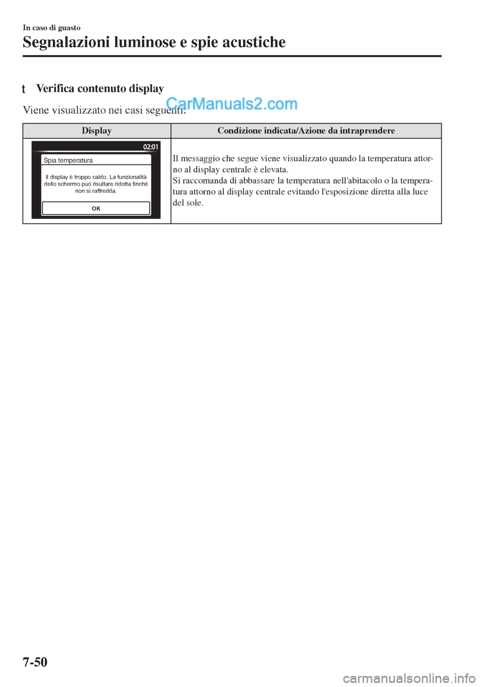 MAZDA MODEL MX-5 2017 Manuale del proprietario (in Italian) tVerifica contenuto display
Viene visualizzato nei casi seguenti:
Display Condizione indicata/Azione da intraprendere
OK
Il display è troppo caldo. La funzionalità
dello schermo può risultare rido MAZDA MODEL MX-5 2017 Manuale del proprietario (in Italian) tVerifica contenuto display
Viene visualizzato nei casi seguenti:
Display Condizione indicata/Azione da intraprendere
OK
Il display è troppo caldo. La funzionalità
dello schermo può risultare rido