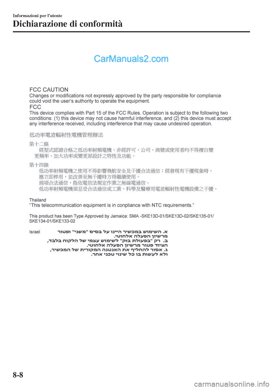 MAZDA MODEL MX-5 2017  Manuale del proprietario (in Italian) Informazioni per lutente
Dichiarazione di conformità
8-8  